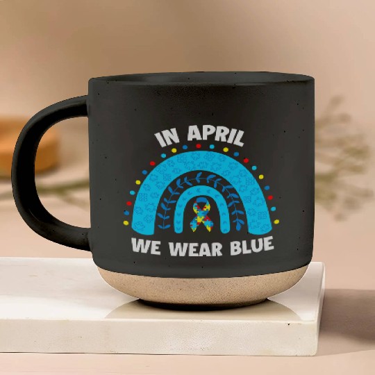 April We Wear Blue Rainbow Puzzle Autism Pottery Mugs