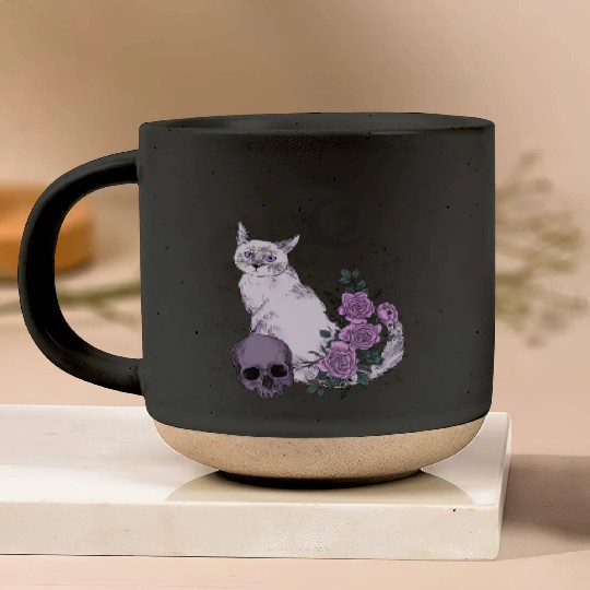 Gothic Cat and Roses Pottery Mugs