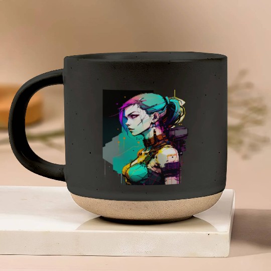 Bold and Beautiful Cyberpunk Girl with Teal Hair Pottery Mugs