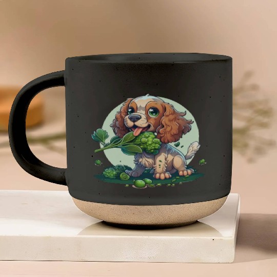 Cute dog eats green broccoli vegetables Pottery Mugs