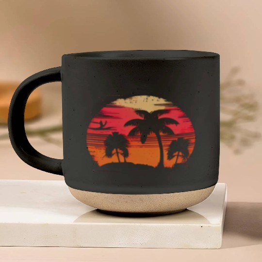 Vintage Retro Sunset Watercolor Beach Palm Trees Pottery Mugs