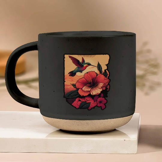 Hummingbird flies over hibiscus flower Tropical Pottery Mugs