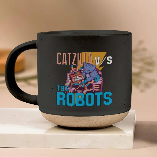 Catzilla Versus Robot Pottery Mugs