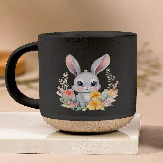 Grey Bunny Rabbit Watercolor Floral Pottery Mugs