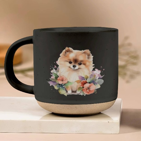 Pomeranian Dog Watercolor Floral Pottery Mugs