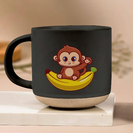 Cute Monkey Sitting On Banana Cartoon Pottery Mugs