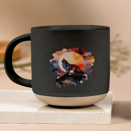 Wolf Howling at Moon Watercolor Pottery Mugs