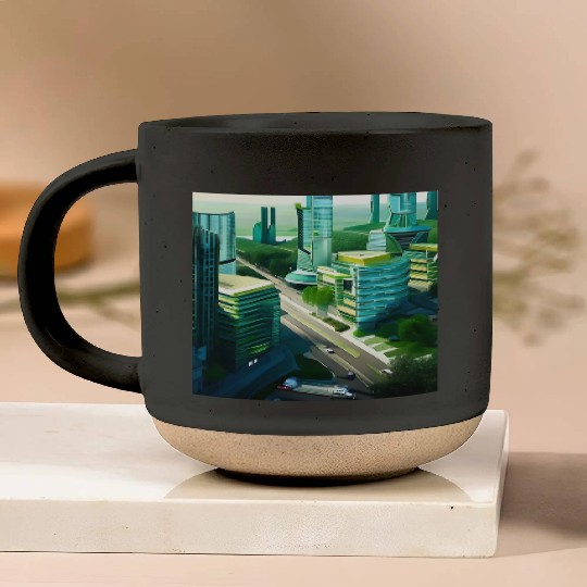 Green Horizon: A Vision of Sustainable Cityscape Pottery Mugs