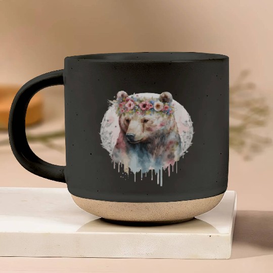 Artistic Watercolor Grizzly Bear Flower Crown Boho Pottery Mugs