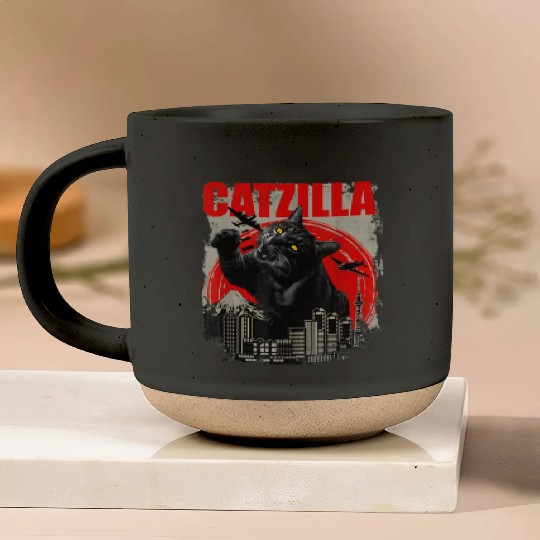 Catzilla Vintage Funny Cute Cat Art Japanese Sunse Pottery Mugs