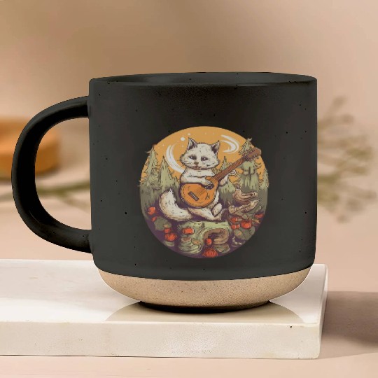 Cat Playing Banjo In The Forest in Cottagecore Pottery Mugs