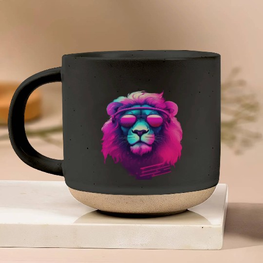 Synthwave Sun King Lion s Neon Shades Pottery Mugs
