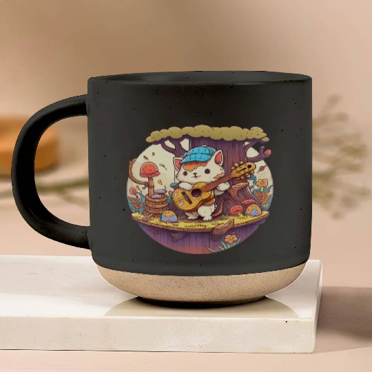 Cute Kawaii Cat Playing Guitar Banjo On Log Pottery Mugs