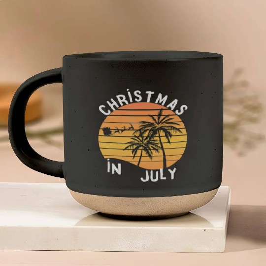 Christmas In July Santa Sledge Sunset Palm Summer Pottery Mugs