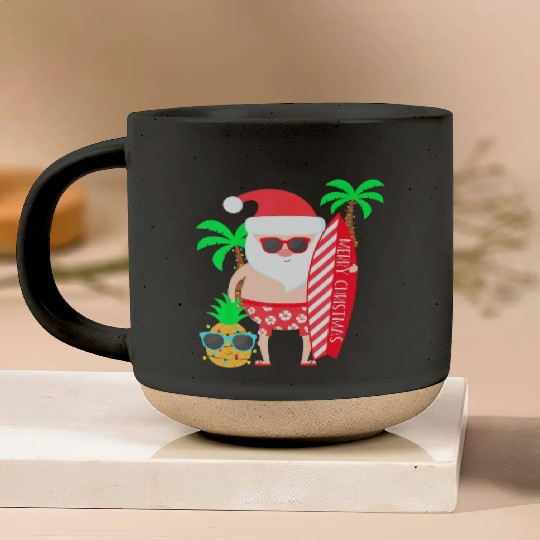 Santa Surfing Hawaiian Beach Christmas In July Pottery Mugs