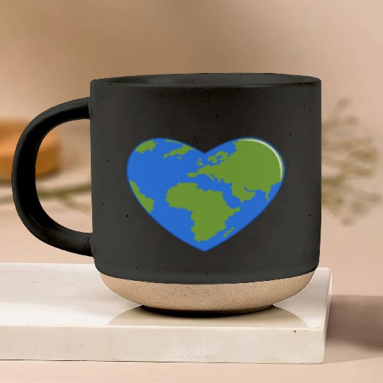 Earth Day World Map as Love Heart Pottery Mugs