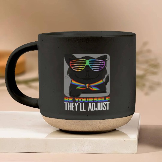 Be Yourself They'll Adjust Rainbow Cat Feline Pottery Mugs