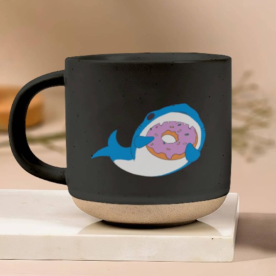Funny Kawaii Shark Eating Donut Humor Pottery Mugs