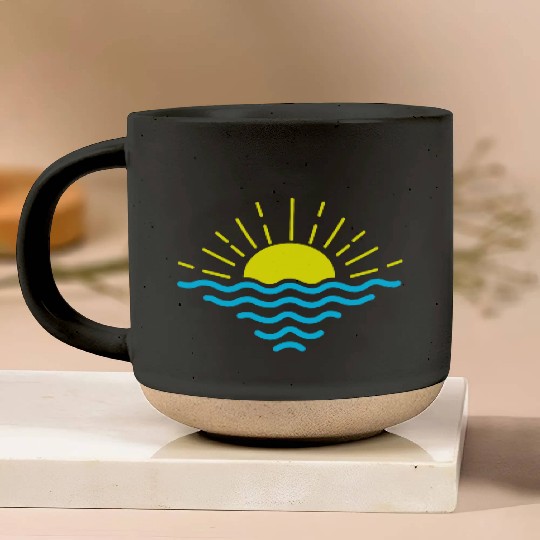 Sunset below blue waves of the sea Pottery Mugs