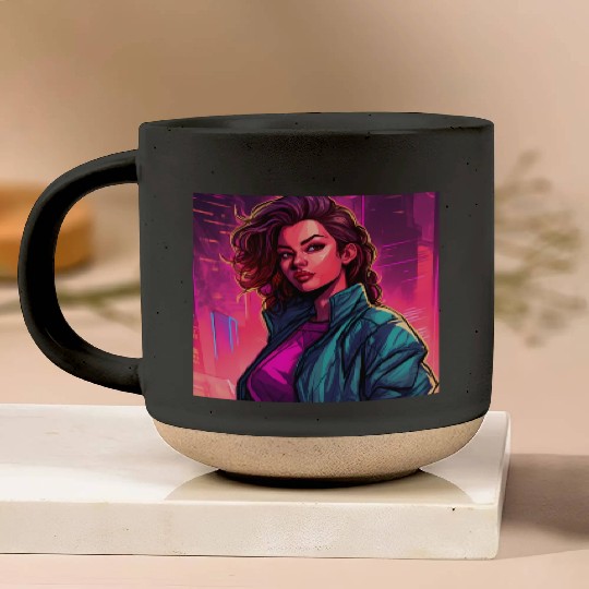 Synthwave City Bloom - Neon Pink Cityscape Pottery Mugs