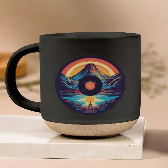 Retro Mountain Landscape: Vinyl Meets Art Pottery Mugs