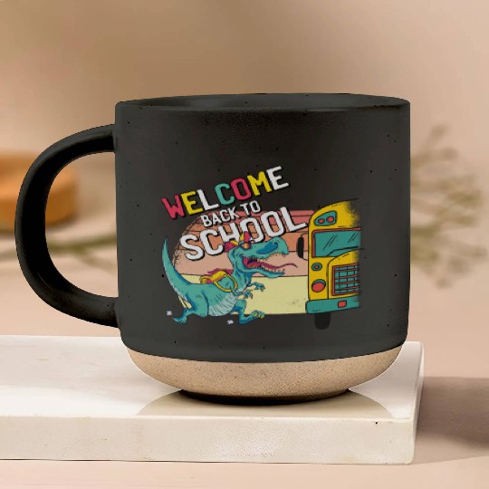 Funny T-Rex Running to School Bus Welcome Back to Pottery Mugs
