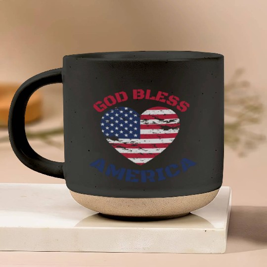 God Bless America, Heart Flag Shape. Pottery Mugs