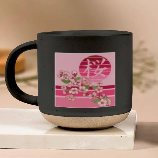 Cherry Blossom Pottery Mugs, Sakura Flowers Kanji Pocket