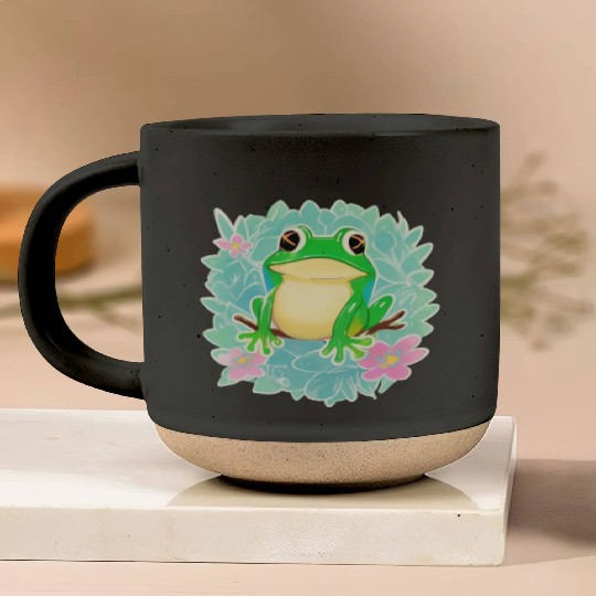Cute Little Tree Frog on a Floral background Pottery Mugs