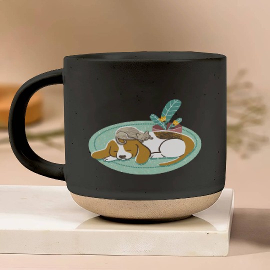Sleepy Beagle And Cat Pottery Mugs