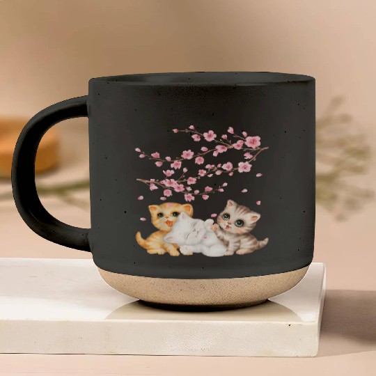 Kitten Lover Japanese Cherry Blossom Cat Art Pottery Mugs