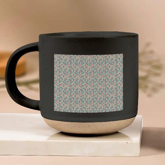Retro Checkered Pattern Yellow Teal Coral Pottery Mugs