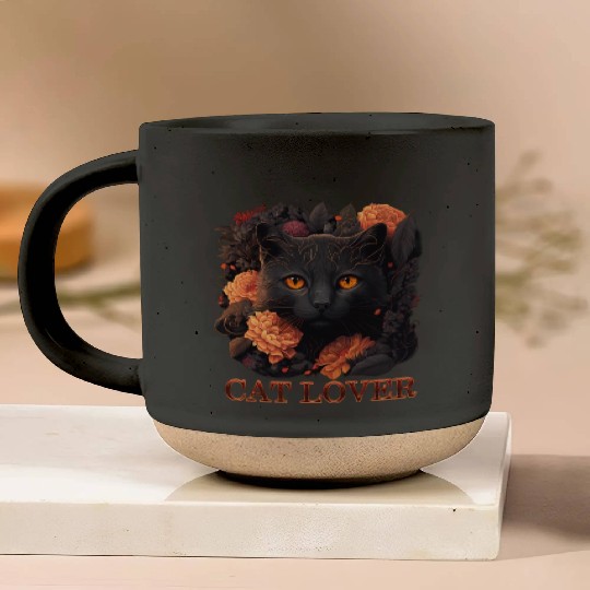 Cat Lover - Sweet Black Cat with Flowers Pottery Mugs