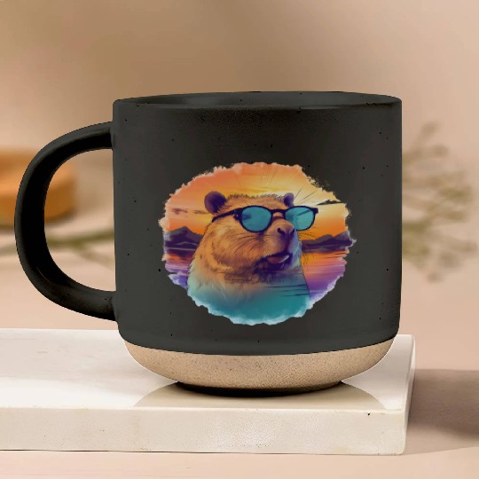 Sunset Serenity: Rustic Capybara Stripe Illustrate Pottery Mugs