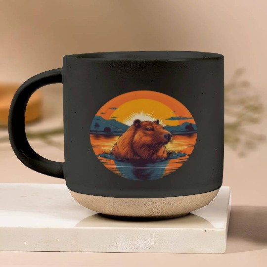 Sunset Serenity: Rustic Capybara Stripe Illustrate Pottery Mugs