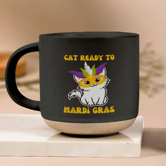 Cat Ready To Mardi Gras Pottery Mugs