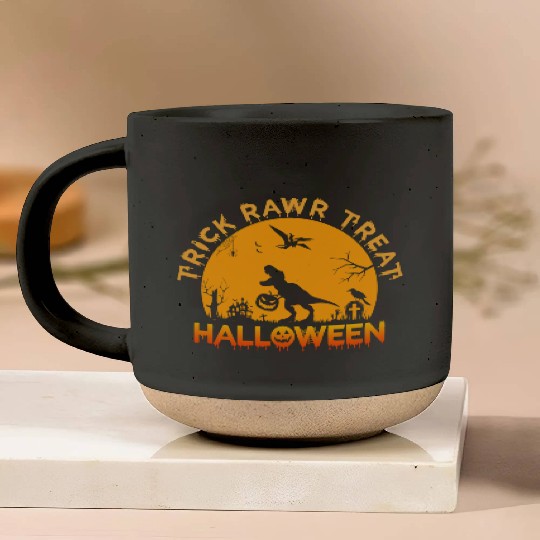 Trick Rawr Treat Dinosaur Stealing Pumpkin Pottery Mugs