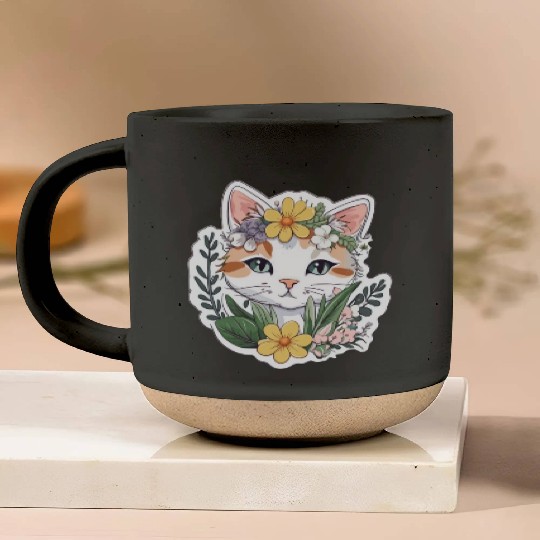 Cat and Flowers Pottery Mugs