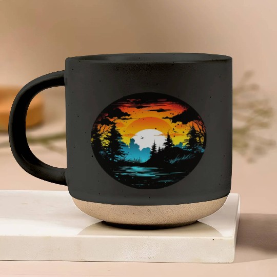 Riverside Twilight in the Forest Pottery Mugs