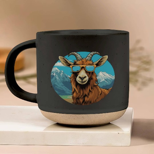 A goat with sunglasses in the mountains Pottery Mugs