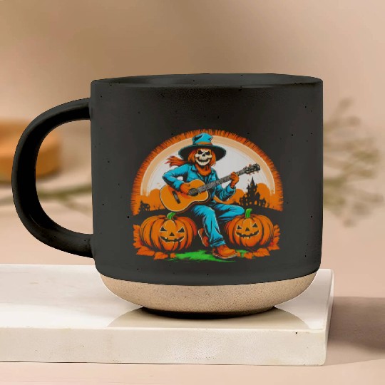 Happy Halloween scarecrow plays guitar Pottery Mugs