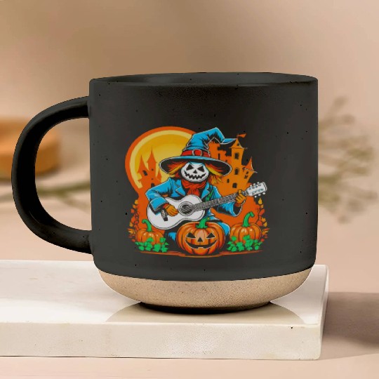 Happy Halloween scarecrow plays guitar Pottery Mugs