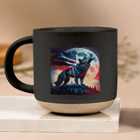 America wolf under Moon with American Flag Pottery Mugs