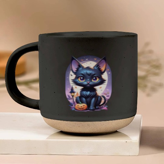 Black Cat With a jack-o-lantern Halloween Design Pottery Mugs