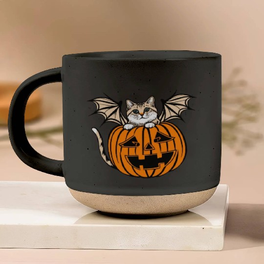 Cute Creepy Cat With Bat Wings Funny Halloween Pottery Mugs
