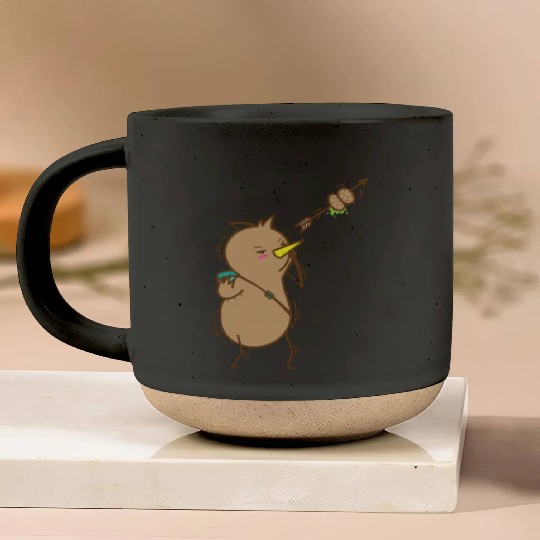 Kiwi with Bow and Arrow Bird and Fruit Pottery Mugs