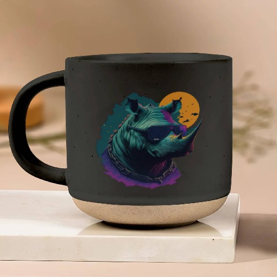 Rhino with Shades at night Pottery Mugs