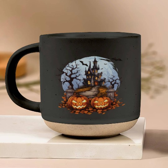 Spooky Haunted House Halloween Pumpkin Bat Pottery Mugs