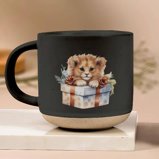 African Lion inside a Christmas gift box Pottery Mugs
