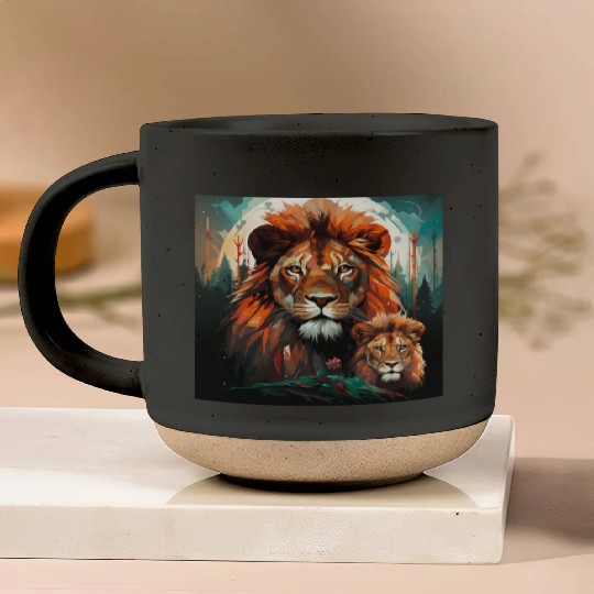 Geometric Lion Mother and Lion Cub in the Forest Pottery Mugs